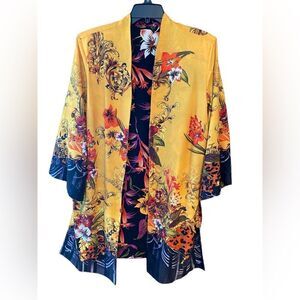 Japanese Designed Reversible Black Yellow Floral Glamorous Kimono Duster Jacket